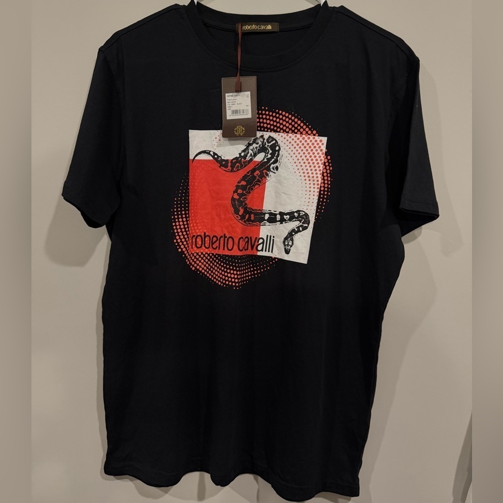 NWT Roberto Cavalli Black Tee with Red Snake Design Size L - Picture 2 of 7